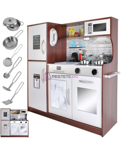 Дървена кухня за деца бяла с LED осветление звук и аксесоари